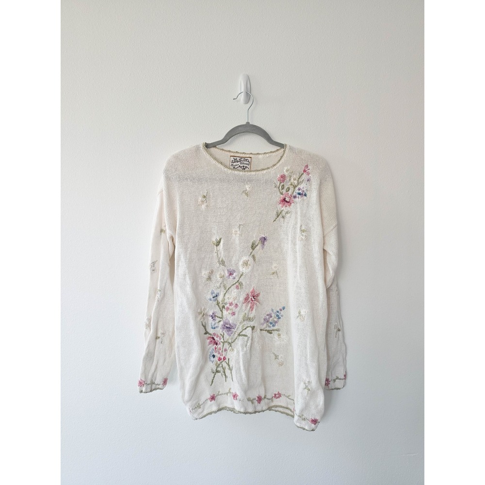 Vintage Heirloom Collectibles Floral Embroidered Knit Sweater Cream Large